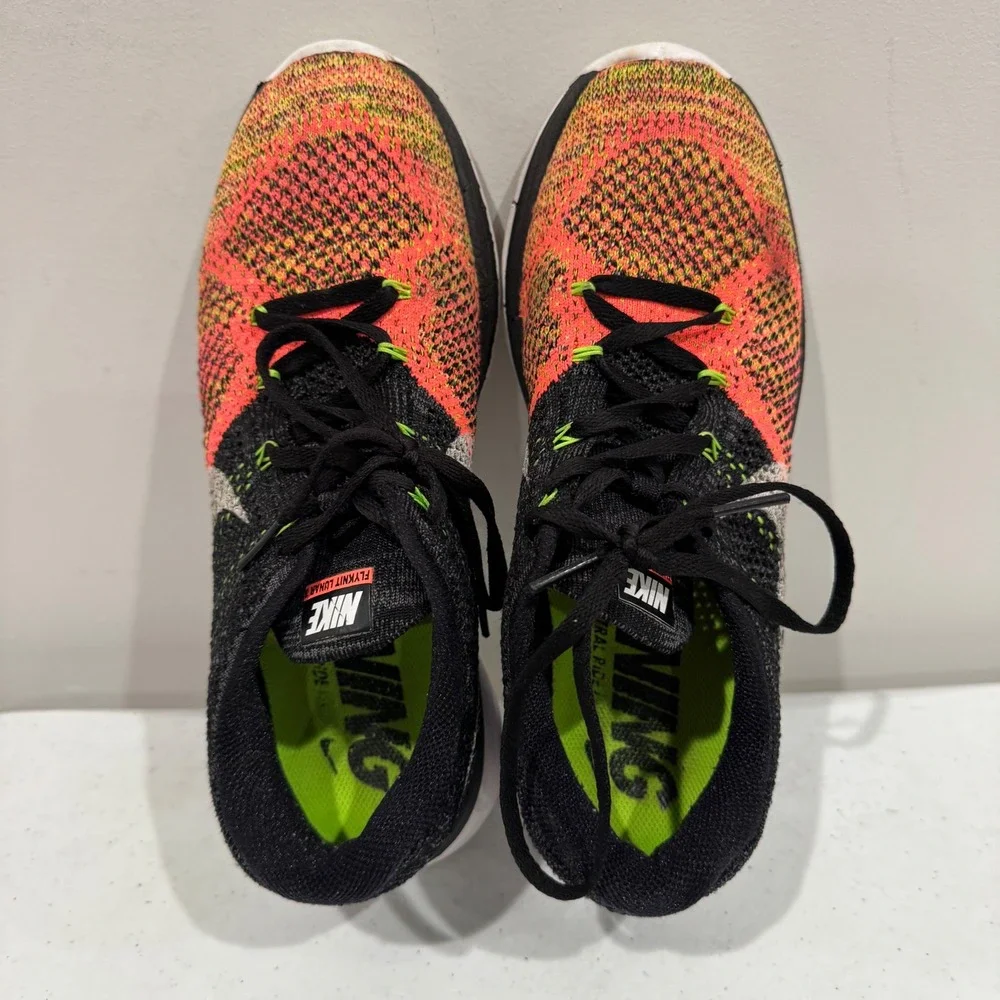 Nike Flyknit Lunar 3 Mens 8 Running Shoes Black Orange Volt Mesh 698181-006